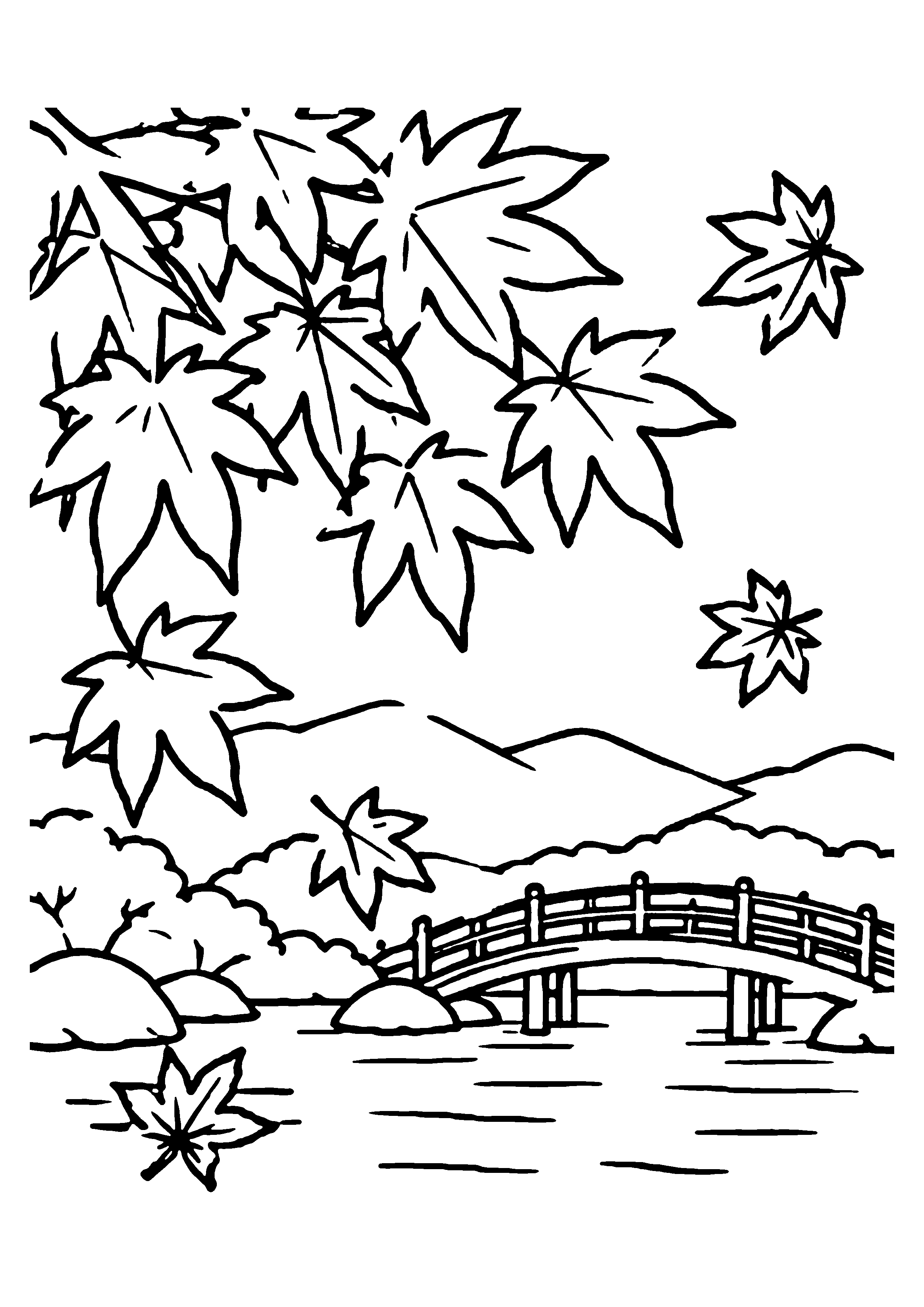紅葉と小さな橋の塗り絵プリント見本